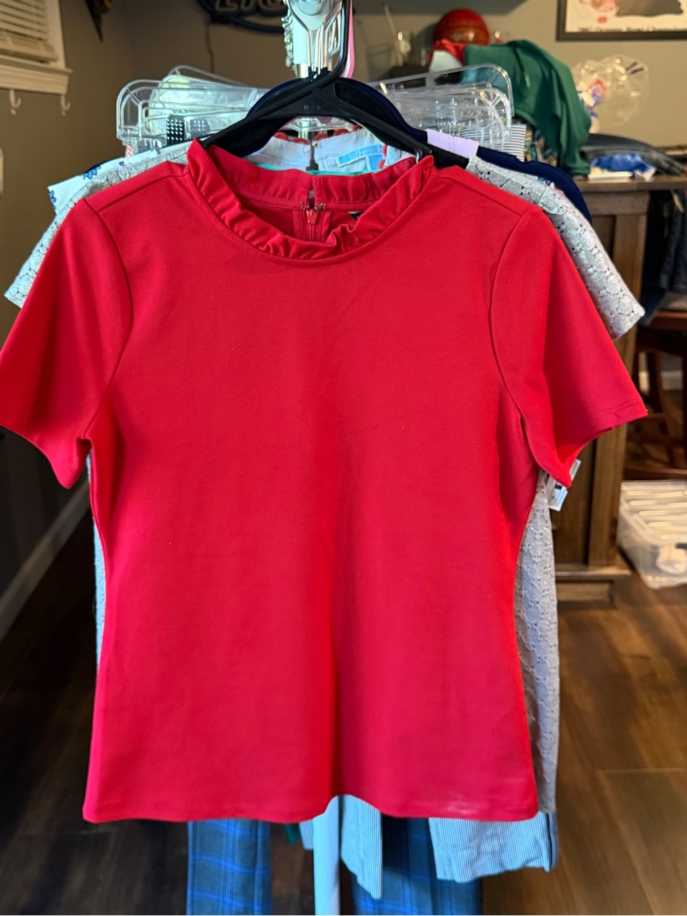 Ann Taylor Red Short-Sleeve Ruffle-Neck Top